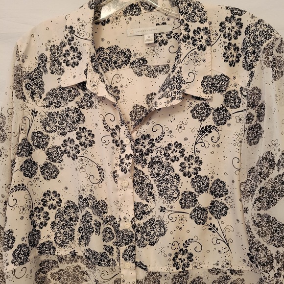 LC Lauren Conrad XL Blouse Cream Black Floral Longsleeve Sheer Button Up - Picture 7 of 16